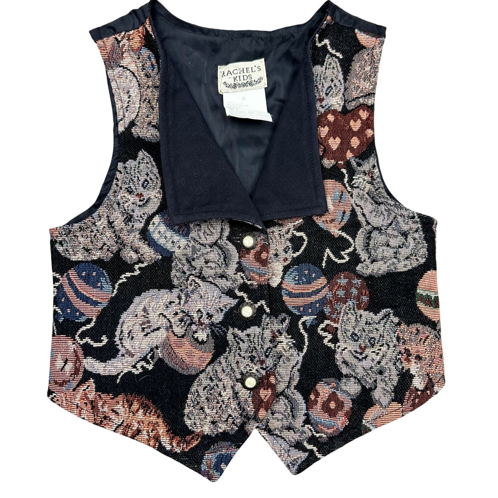 Vintage Rachel's Kids Cat Kitten Tapestry Vest Multi Yarn Ball Size 5 Retro‎